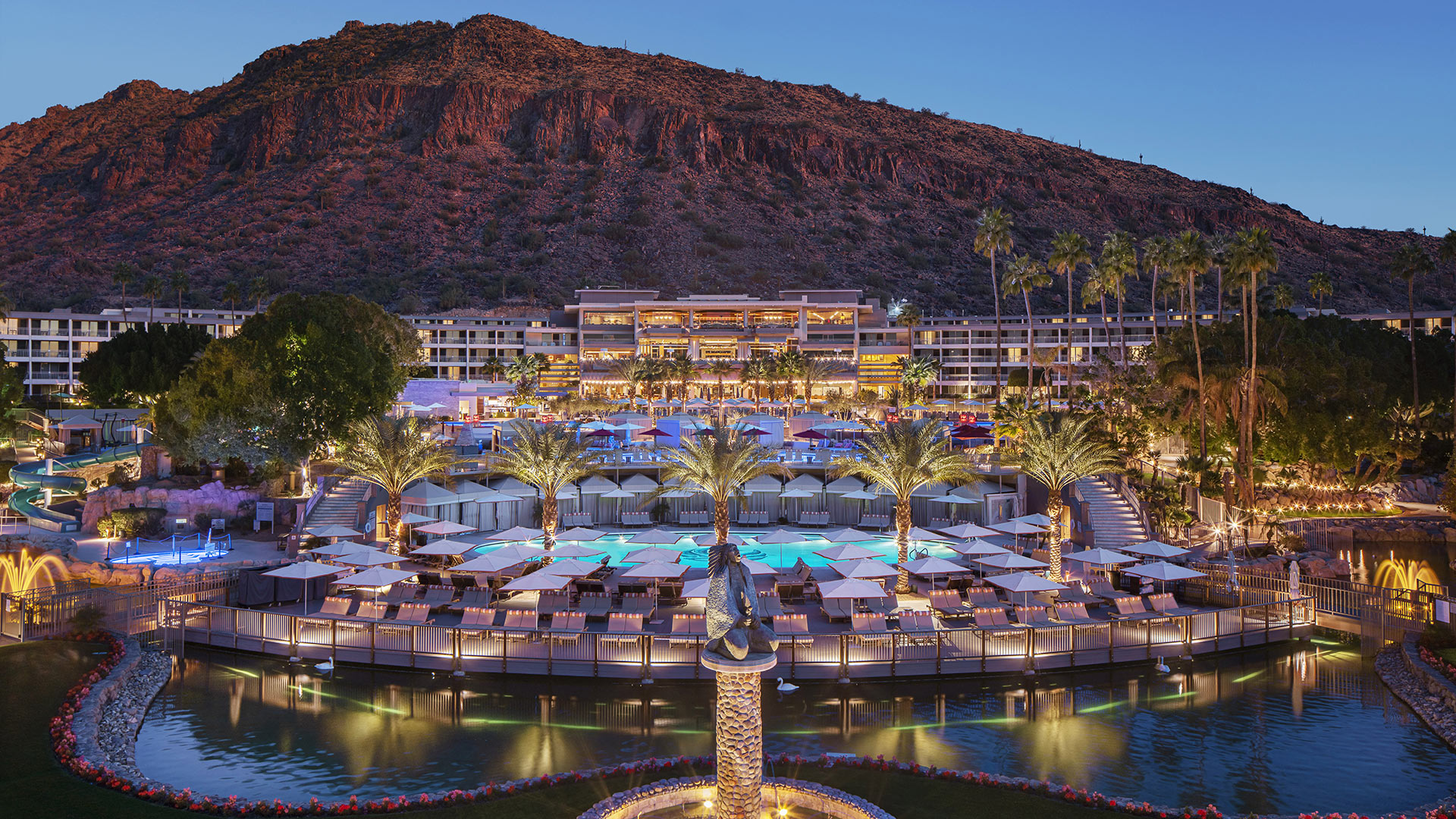 The Phoenician resort in Scottsdale at dusk with Camelback Mountain